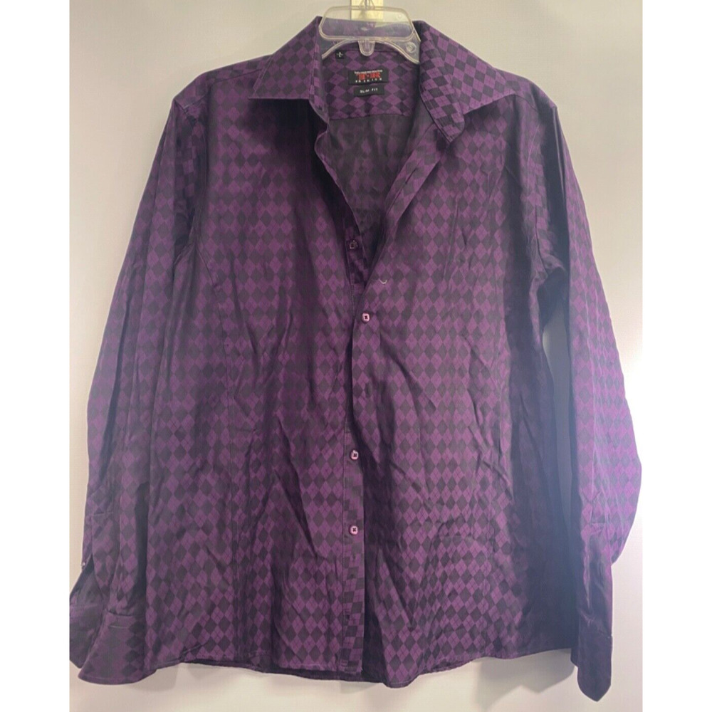 TR Tailored Recreation Premium Dress Shirt Men L Button Purple Black Diamond A56